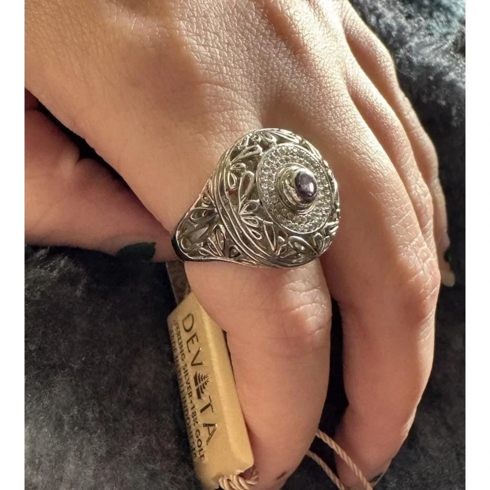 Devata Sterling Silver 18K Gold Amethyst White Topaz Bali Filigree Ring Size 7